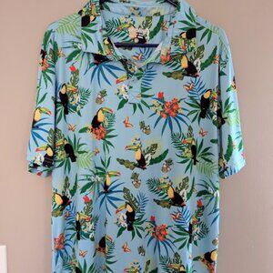 Aeroline Fitness Gear Mens Short Sleeve Print Polo Blue Toucan Beach Size Large